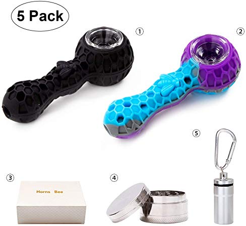 Horns Bee Unbreakable Silicone Straw Pipe Kit with Grinder and Storage Bottle (Black and Purple)