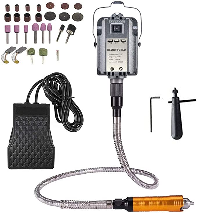 VOTOER 1000W Rotary Tool Flex Shaft Electric Hanging Grinder Carver, Forward and Reverse Rotation, Multi-Function Metalworking Jewelry Tool Repair Kit, Foot Pedal Control, Metal Flexible Shaft, 30000 RPM