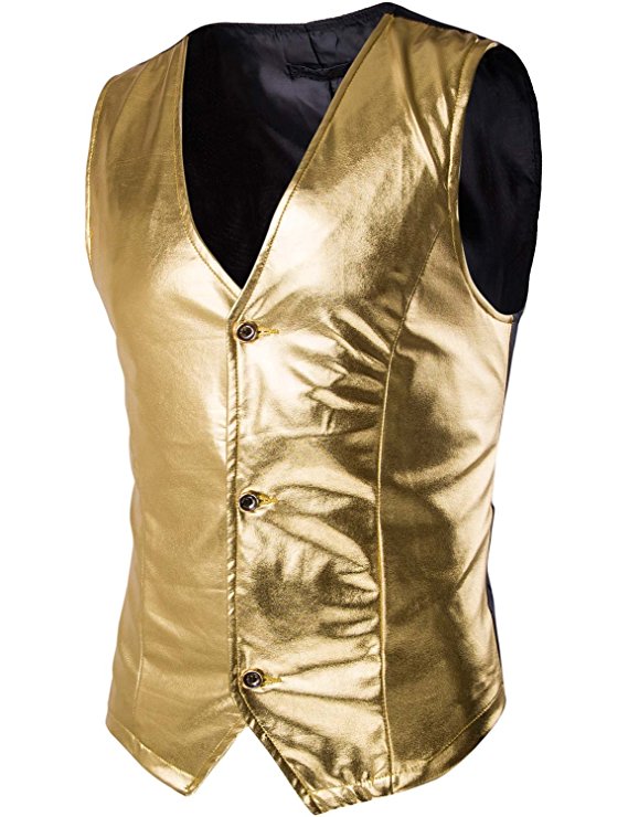 Zeroyaa Mens Night Club Slim Metallic Gold Suit Vest /Tuxedo Costume Vest