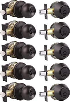5 Pack Keyed Alike Entry Door Knobs and Single Cylinder Deadbolt Lock Combo Set Security for Entrance and Front Door with Classic Oil Rubbed Bronze Finish