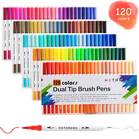 Hethrone 120-Color Dual Tip Brush Pens with Fine-Liner Tip 0.4, Dual Tip Marker Pens Water Based Ink for DIY Coloring Book, Sketching, Painting, Drawing, Manga Fashion Design(White)