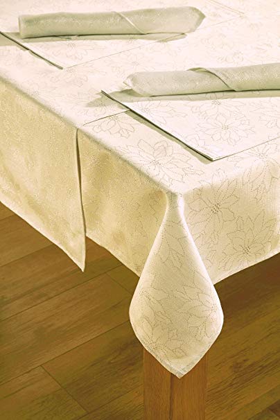 14 piece Christmas table linen set with metallic gold woven pattern (Frosted Rose Cream)