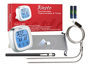 Premium Digital Instant Read Cooking and Meat Thermometer with Timer, 2 Long Probes, LCD Touchscreen Display for Food, BBQ Steak, Pork, Beef, Turkey, Chicken, Grill, Smoker, Oven and Kitchen by Riesto