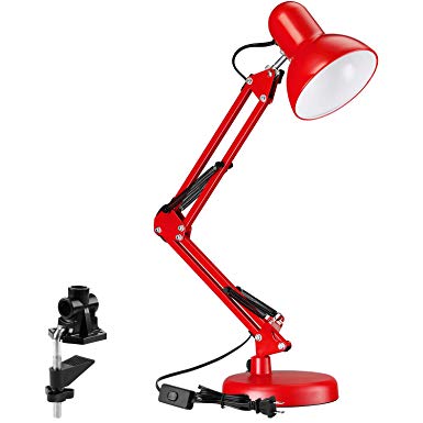 TORCHSTAR Metal Swing Arm Desk Lamp, Interchangeable Base Or Clamp, Classic Architect Clip On Study Table Lamp, Multi-Joint, Adjustable Arm, Red Finish