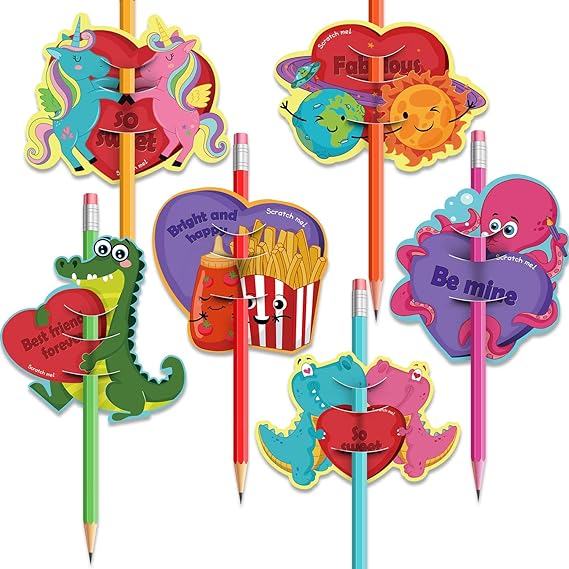 Outus 36 Pieces Valentine's Day Cards for Kids Scratch and Sniff Pencil Toppers Cards, 6 Unique Patterns and Scents Scratch and Sniff Cards with 36 Envelopes for School Exchange Presents Party Favors