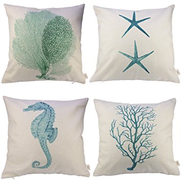 HOSL Cotton and Linen Starfish, Seahorse, Coral, Branch 4 PCS Decorative Pillow Cover Case about 18" X 18" Square Shape- Ocean Park Theme