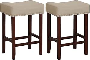 Giantex 25" Counter Height Bar Stools Set of 2 - Backless Saddle Barstools with Nailhead Linen Foam Seat, Max Load 330 Lbs Wood Bar Stools with Foot Rest for Kitchen Island, Khaki