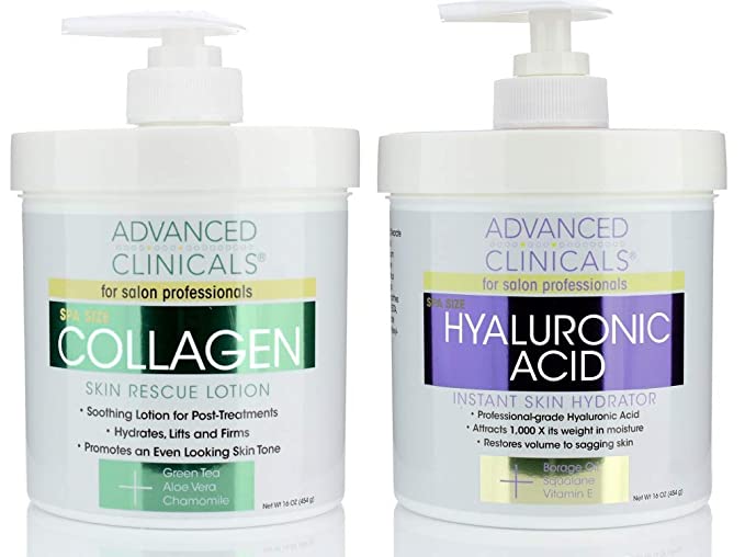 Advanced Clinicals Collagen Cream & Hyaluronic Acid Cream Set. Collagen Rescue Lotion Restores Sagging Skin & Dry Skin. Hyaluronic Acid Anti Aging Cream Hydrates & Moisturizes Dry Skin. Two 16oz Jars.