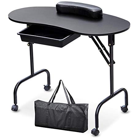 Yaheetech Manicure Nail Table Station - Portable & Foldable Nails Desk Spa Beauty Salon Technician Equipment w/Client Wrist Pad/Sliding Drawer/Lockable Wheel/Carrying Case 37"L Black