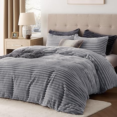 Bedsure Fluffy Duvet Cover Set - Ultra Soft Plush Shaggy Comforter Cover Queen Size, Warm Flannel Fleece Bed Sets for Winter, 3 Pieces, 1 Duvet Cover & 2 Pillowcases (Striped Pattern, Medium Grey)