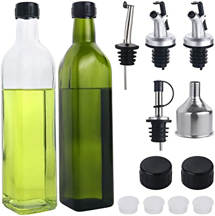 Glass Olive Oil Dispenser Bottles [Pack of 2] [500ml / 17fl. oz.] Dark Green & Clear Oil Vinegar Cruet Bottles with Pourers, Funnel and Spout - Olive Oil Carafe Decanter for Kitchen Cooking and Salads