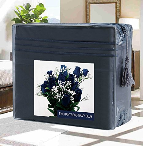 #1 Best Seller Luxury Bed Sheets Set on Amazon! - HIGHEST QUALITY Elegant Comfort® Wrinkle-Free 1500 Thread Count Egyptian Quality 4-Piece Bed Sheet Set - FLOWERS Collection - Deep Pocket, Full, Enchantress-Navy