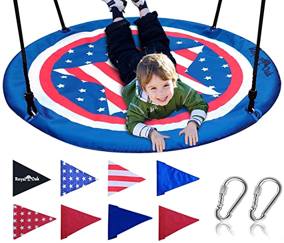 Saucer Tree Swing ,Giant 40 Inches with Carabiners and Flags, 700 lb Weight Capacity, Steel Frame, Waterproof, Easy to Install with Step by Step Instructions, Non-Stop Fun! (US Flag)