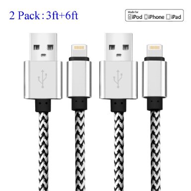 Lightning Cable , COOME 3ft / 6ft USB 2.0 High Speed Data Sync Nylon Braided Charging Wire Cord for iPhone iPad iPod Pack of 2 White