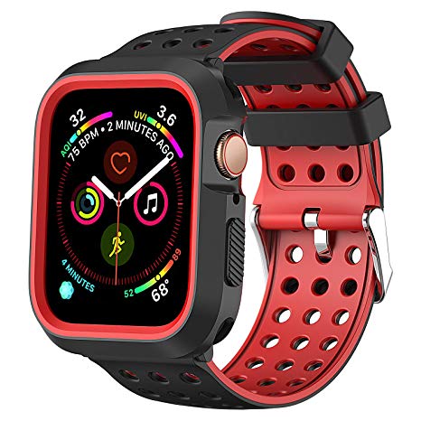 Moretek Silicone Cases Replacement for Apple Watch 4, Rugged Protective Case with Sport Strap Breathable Bands for Apple Watch 44mm Series 4 (BlackRed, 44mm)