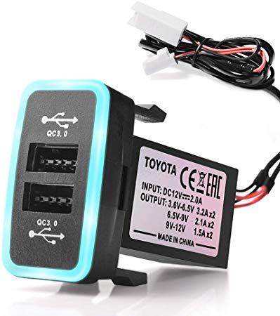 MICTUNING Dual USB 6.4A QC3.0 Quick Charger with LED Light for Toyota (Surface Size: 1.6 x 0.9 inches)