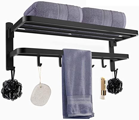 Towel Racks Bar for Bathroom 24 Inch Matte Black Wall Mounted,On Top Shelf with Practical Bath Hooks,Awesome SUS304 Stainless Steel,Fits in Kitchen,Toilet,Hotel,Lavatory,Shower,Modern and Sturdy