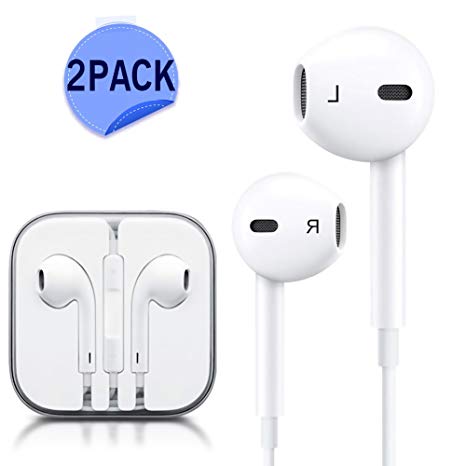 [2 Pack] 3.5mm Earphones/Earbuds/Headphones Stereo Mic&Remote Control Compatible with iPhone 6s/6plus/6/5s/se/5c/IPad/IPod Galaxy More Android Smartphones (White)