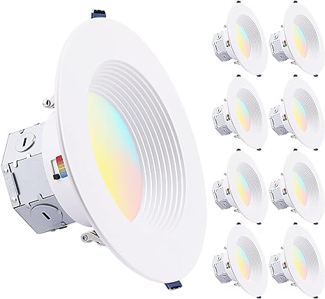 TORCHSTAR 8-Pack 5CCT 6 Inch LED Integrated Canless LED Recessed Lighting with J-Box, Anti-Glare Deep Baffle, CRI90 Dimmable Ceiling Downlight, ETL ES, Air Tight IC Rated, 2700K3000K3500K4000K5000K