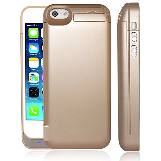 iPhone 5 / 5S / 5C / SE Battery Case,TQTHL Update [4800mAh] External Battery Backup Protective Charger Case for iPhone 5 / 5S / 5C / SE (Built-in USB Output Power Bank) LED Indicator Light - Gold