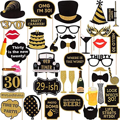 30th Birthday Photo Booth Props(34Pcs) for Her Him, Gold and Black Birthday Favor Decorations,Dirty Thirty 30th Birthday Party Supplies for Men Women