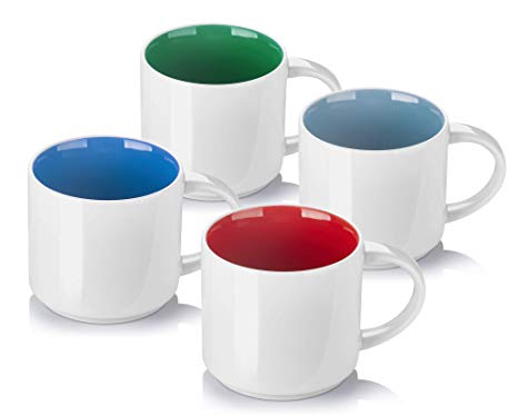 DOWAN Coffee Mugs, Porcelain Tea and Coffee Mug Set, Multicolor Inside-Set of 4 (16 oz)