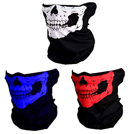 CIKIShield Seamless Skull Face Mask Bandana Motorcycle Face Masks Skeleton Face Shield (3pcs-color-setA)
