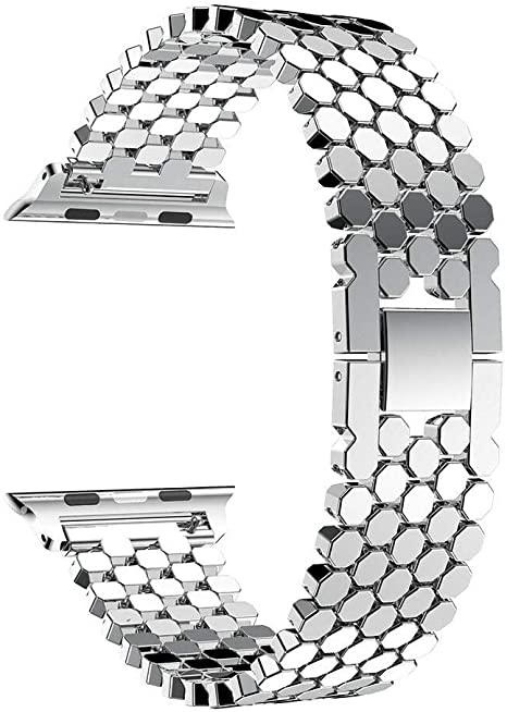 Y3PKZI Bands Compatible with Watch Band 38mm 40mm iWatch Series SE/6/5/4/3/2/1, Fish Scale Stainless Steel Metal Bracelet Adjustable Wristband (Silver, 38/40mm)