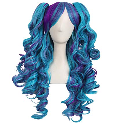 MapofBeauty Multi-color Lolita Long Curly Clip on Ponytails Cosplay Wig (Dark Purple/Cyan Blue)