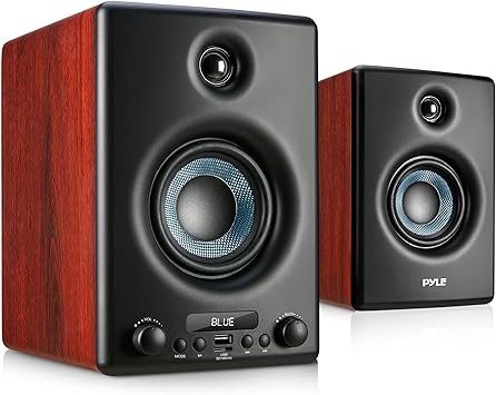 Pyle HiFi Active Bookshelf Speaker with Bluetooth - Audio Stereo Monitor Speaker System, 300W, Professional Quality Sound for PC, TV, Desktops, w/USB, Micro SD, RCA Input, Wooden Designed - PBKSP30DB