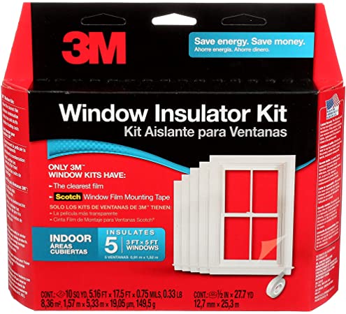 3M Indoor Window Insulator Kit, Window Insulation Film for Heat and Cold, 5 - 3'x5' Windows