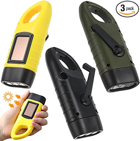 3 Packs Hand Crank Solar Powered Flashlight Rechargeable LED Flashlight Emergency Self Powered Charging Torch Survival Gear Manual Flashlight Dynamo for Fishing Hiking Backpack Camping Home Safety