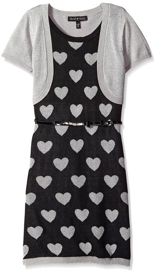 Derek Heart Big Girls' Heart-Print Sweater Dress with Attached Shrug