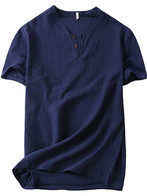 GARSEBO Men Linen and Cotton V Neck Short Sleeve T Shirts Casual Tee