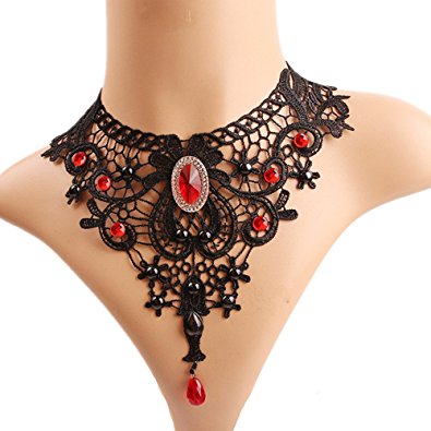 Meiysh Elegant Black Lace Gothic Lolita Red Pendant Choker Necklace Earrings Set
