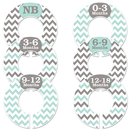 #C4 Baby Girl Nursery Closet Clothing Size Dividers Unisex Mint Grey Chevron Set of 6 Fits 1.25 inch Rod