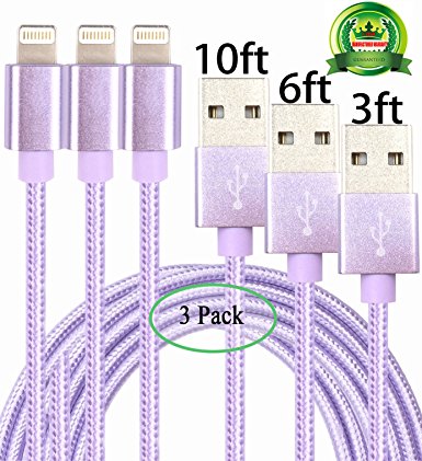 Abloom 3pcs 3,6,10ft Lightning Cable Nylon Braided Charging Cable Extra Long USB Cord for iphone 7,7 plus iphone 6s,6s plus,6plus,6,5s 5c 5,iPad Mini, Air,iPad5,iPod 7on iOS9.(Purple)