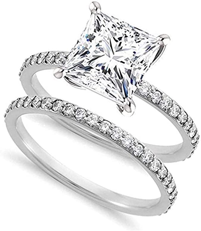 Venetia Realistic Supreme Princess Cut Simulated Diamond Ring Band Set 925 Silver Platinum Plated