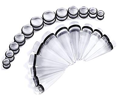 CrazyPiercing Big Ear Gauges Kit 24 Pieces Acrylic Tapers and Plugs Double O-rings Stretching Set