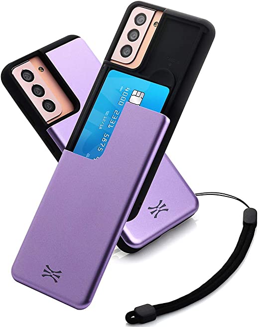 TORU CX Slide Compatible with Samsung Galaxy S21 5G Case - Protective Bumper & Hard Cover Dual Layer Slim Slide Hidden Card Holder Wallet Purple with Wrist Strap - Lavender