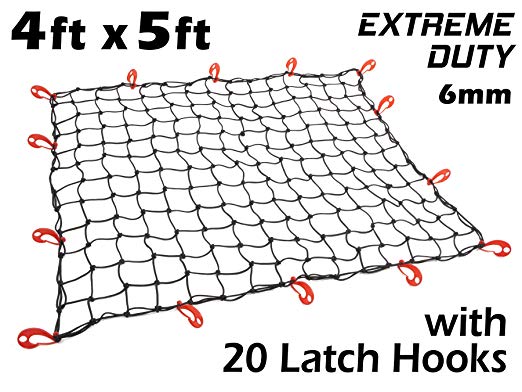 4ft x 5ft PowerTye Mfg EXTREME Duty 6mm Bungee Elastic Cargo Net with Latch Hooks| Stretches to 72" x 90" | 20 Large Latching Hooks, Black Net
