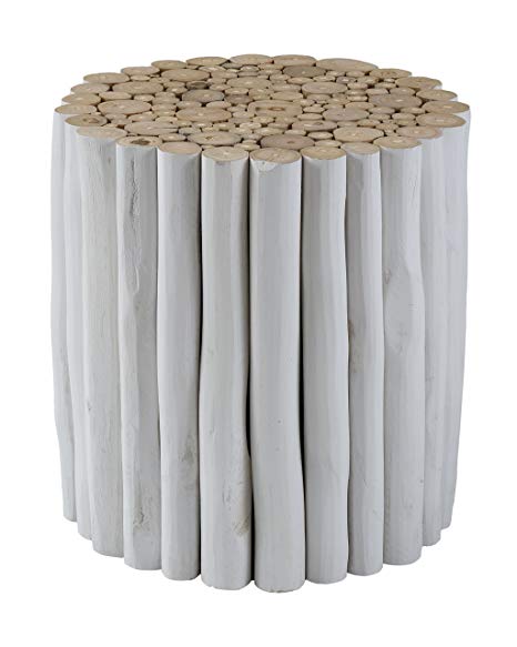 East At Main Stanley White Round Teakwood Side End Accent Table Foot Stool, (15x15x16)