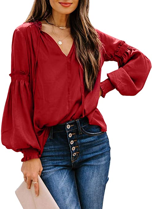 Asvivid Womens Casual V Neck Balloon Long Sleeve Tops Hollow Out Tie Knot Loose Shirt and Blouses