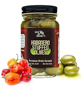 Green Jay Gourmet Habanero Stuffed Olives – Stuffed Green Olives for Cocktail Garnish & Cheese Board Recipes – Dirty Martini Olives & Cocktail Olives – Gourmet Olives – All Natural – Large – 16 Ounces