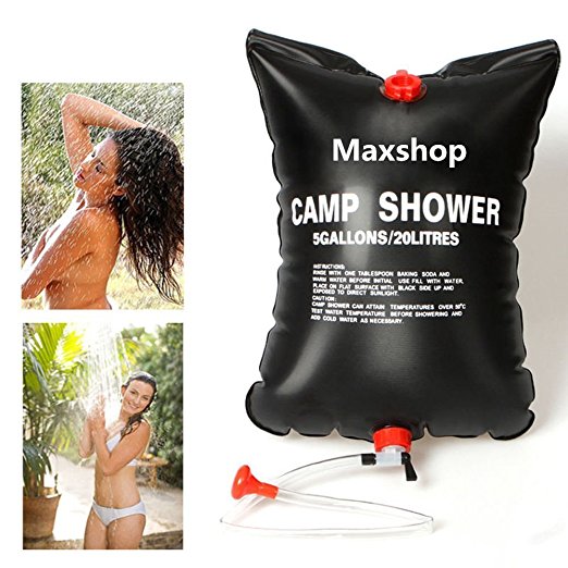 Maxshop Solar Shower Bag, 5 gallons/20L Solar Heating Premium Camping Shower Bag Hot Water with Temperature 45°C Removable Hose Hiking Climbing Outdoor Bathing Bag