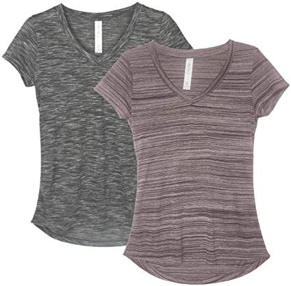 icyzone Workout Shirts for Women - Yoga Tops Activewear Gym Shirts Running Fitness V-Neck T-Shirts（Pack of 2）