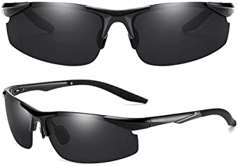 Polarized Men Sunglasses Anti Glare Lenses | New Fashion Cycling Golf Fishing Driving Sport Glasses | Original Aluminum Magnesium Gradient Alloy Retro Grey Frame | Black UV Safe Day Protection Lens