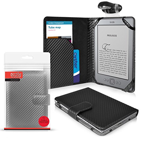 ORZLY® Case for Amazon KINDLE - BLACK Carbon Fibre Folio Case with Clip-On LED Reading Lamp - Limited Edition TEXTURED Cover Pouch from Orzly for 6 inch Amazon Kindle 4 e-Reader (aka / Gen4 / Generation 4 2011 Release Model / Amazon Kindle Wi-Fi, 6" E Ink Display)