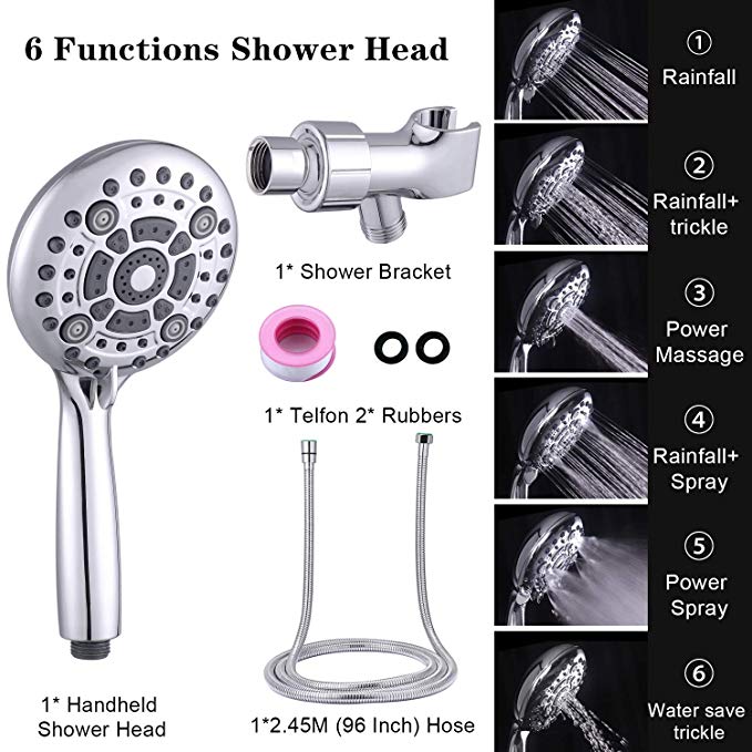 Shower Head, SR SUN RISE 6-Settings High Pressure Handheld Shower Head Set with 2.45m Long Shower Hose and Shower Bracket