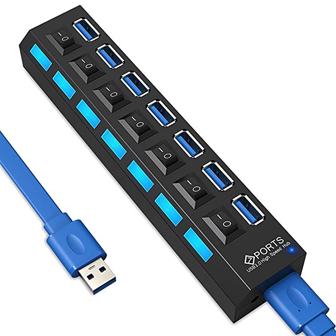 Generic 7-Port USB 3.0 Data Hub Super Speed Multiple Devices with Switches Multi Port,1.75ft USB 3.0 Data Cable for PC Laptop Computer, LED Power Indicator Data Hub